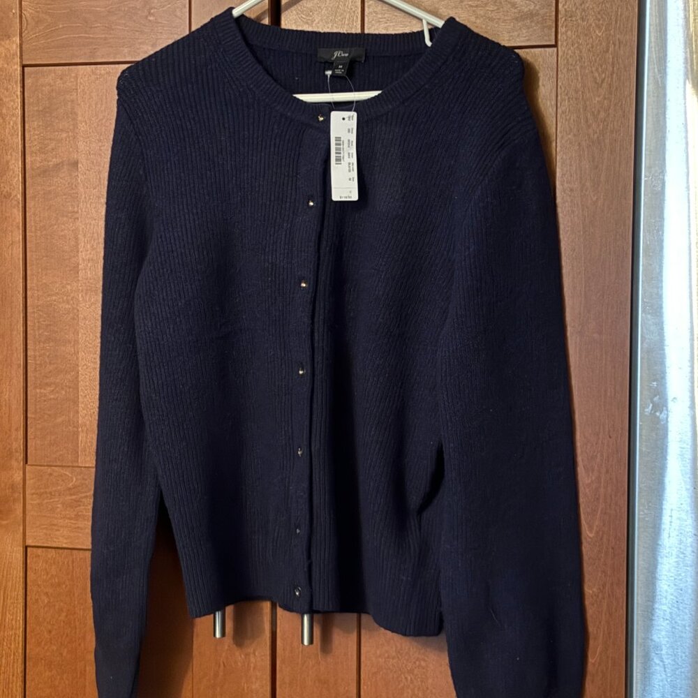 J Crew Wool Blend Neck Button Front Cardigan Sweater Navy Sz M $140